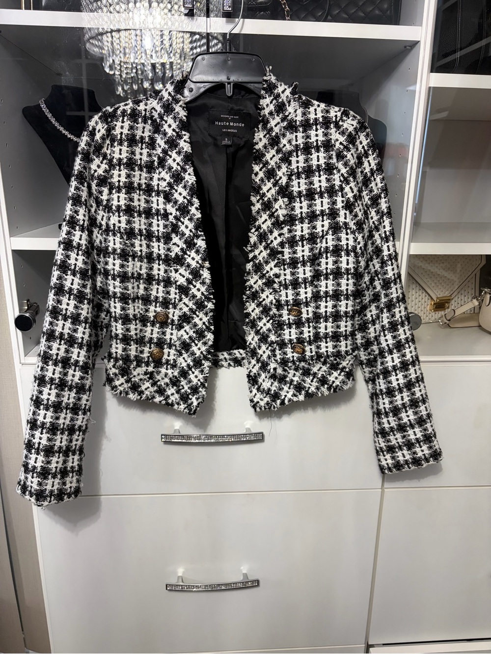 Haute Monde Black and White Tweed Fringe Cropped Blazer Jacket